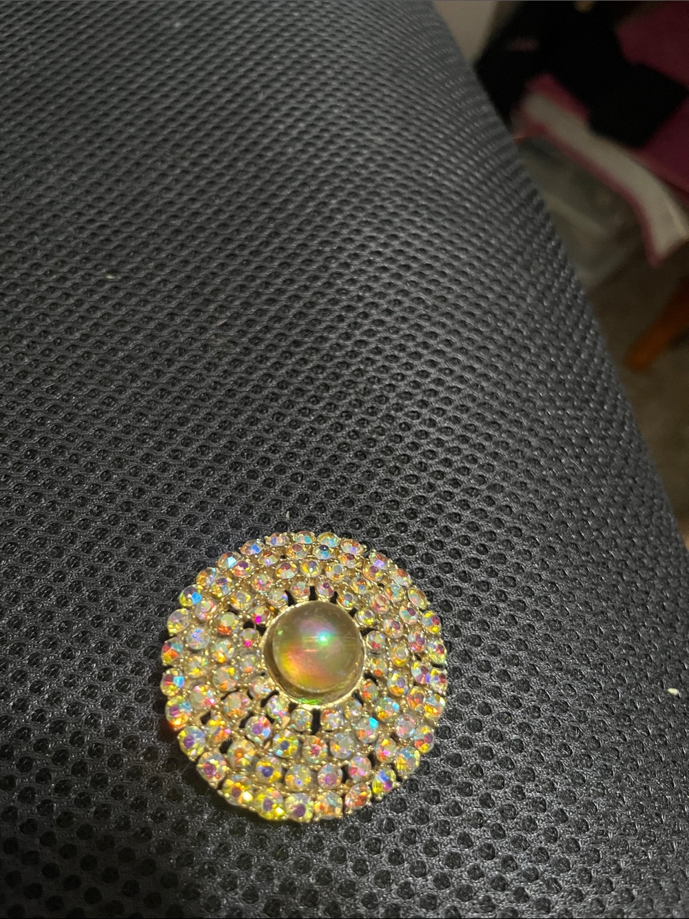 Iridescent Gold-Tone Round Brooch with Opal Center